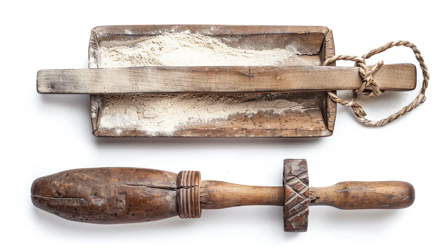 A long-handled adjustable flour miller and a wooden flour press with scattered flour