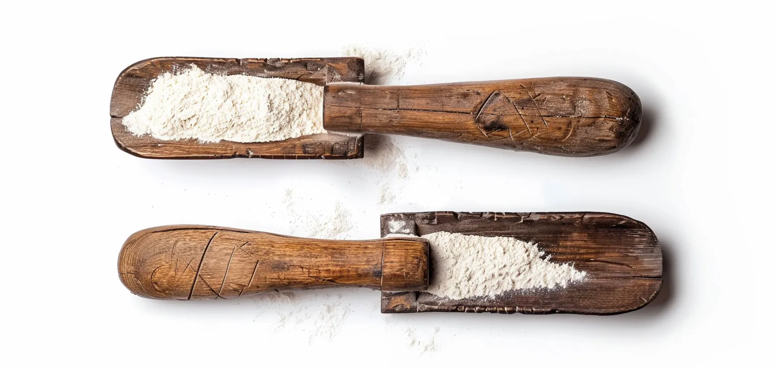 Two rustic wooden scoops filled with flour, showing signs of wear and carvings on the handles