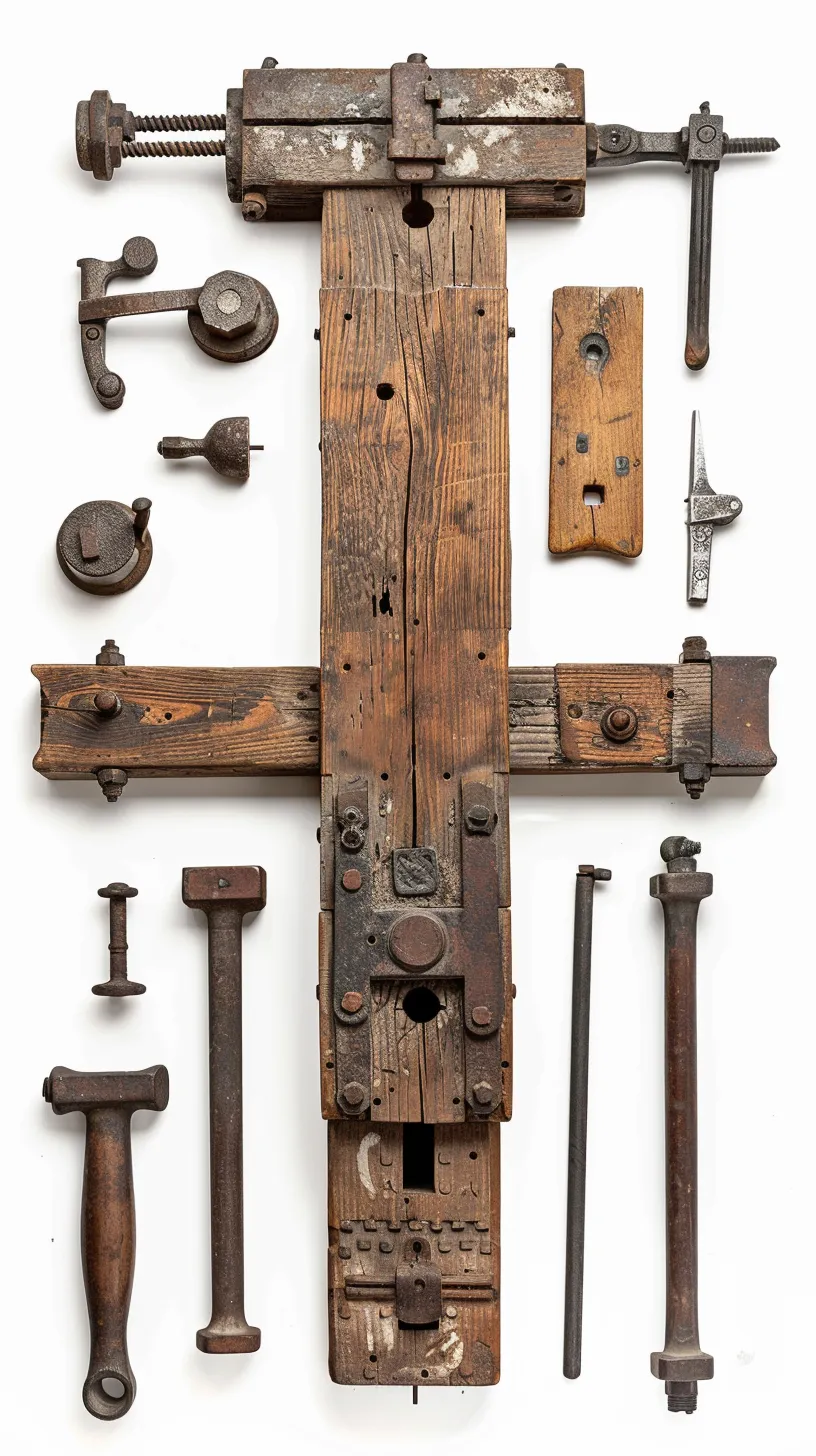 An assortment of antique wooden and metal milling tools arranged around a central wooden milling frame, showcasing various components used in traditional flour milling