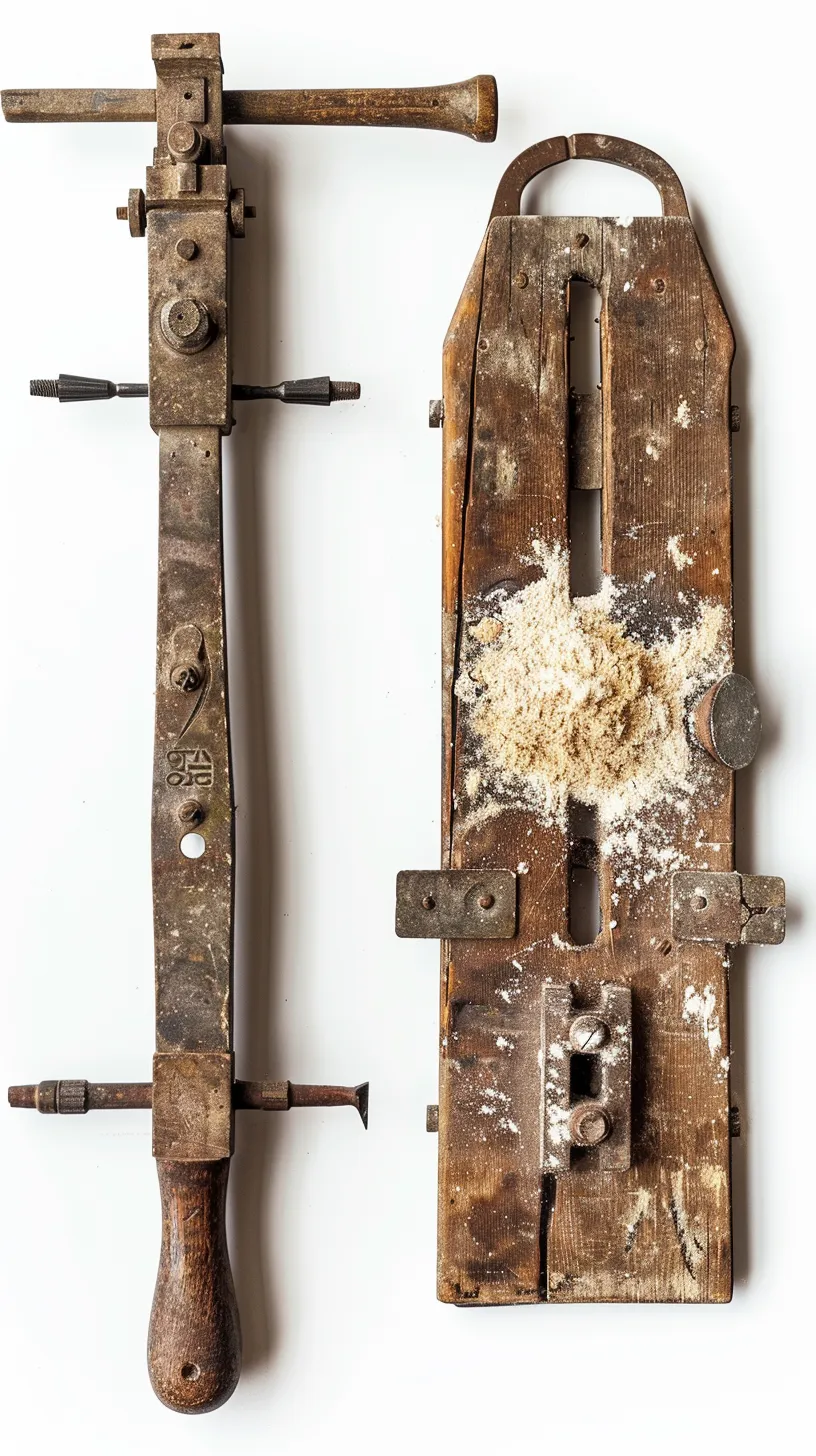 Two antique woodworking tools, one with a long handle and intricate metal adjustments, and the other a wooden plane with flour scattered on it