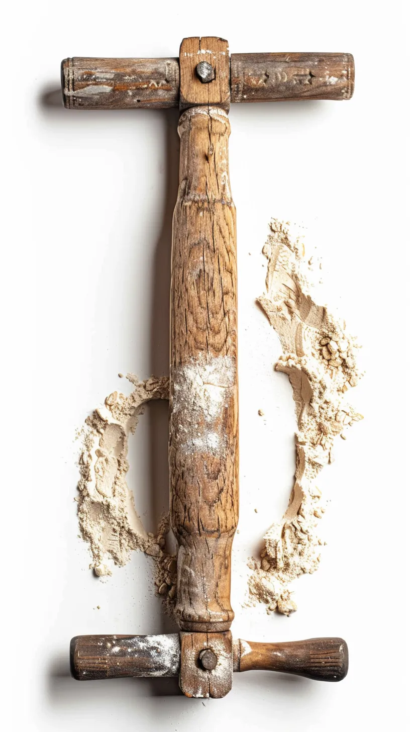 An antique wooden milling tool with a T-shaped handle, surrounded by scattered flour